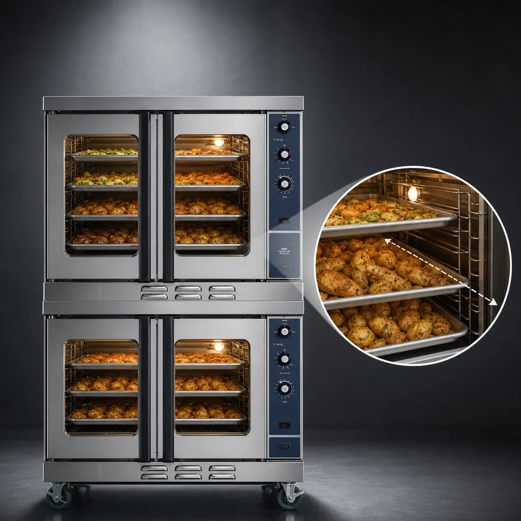 Duke 613Q-E4XX Double-Deck Deep-Depth Electric Convection Oven, 6 Full-Size Pans per Deck, Solid-State Controls, Legs