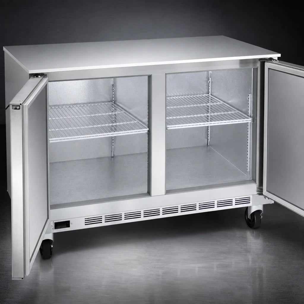 Beverage Air UCF48AHC 48-Inch Two-Section Undercounter Freezer, 2 Solid Doors, Stainless Steel, Rear-Mounted Self-Contained