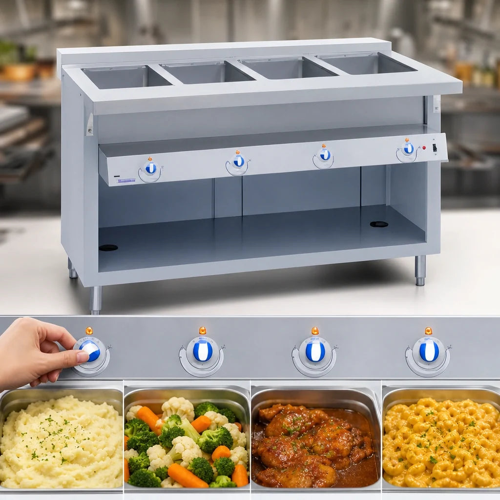 Duke Thurmaduke E-6-DLSS 88-Inch Stainless Steel Electric Steamtable, 6 Sealed Wells, Open Storage Base