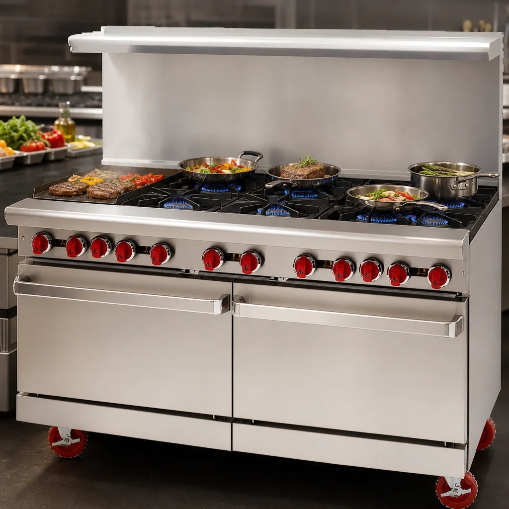 American Range AR-12G-8B-CL-SBR 60-Inch Commercial Gas Range with 12-Inch Griddle, 8 Open Burners, Convection Oven & Storage Base