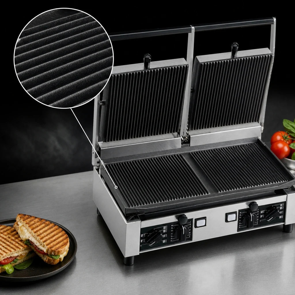 Univex PPRESS2R Double Countertop Electric Panini Press with Ribbed Cast Iron Plates, Manual Controls, 19.6 x 10 Inch Surface