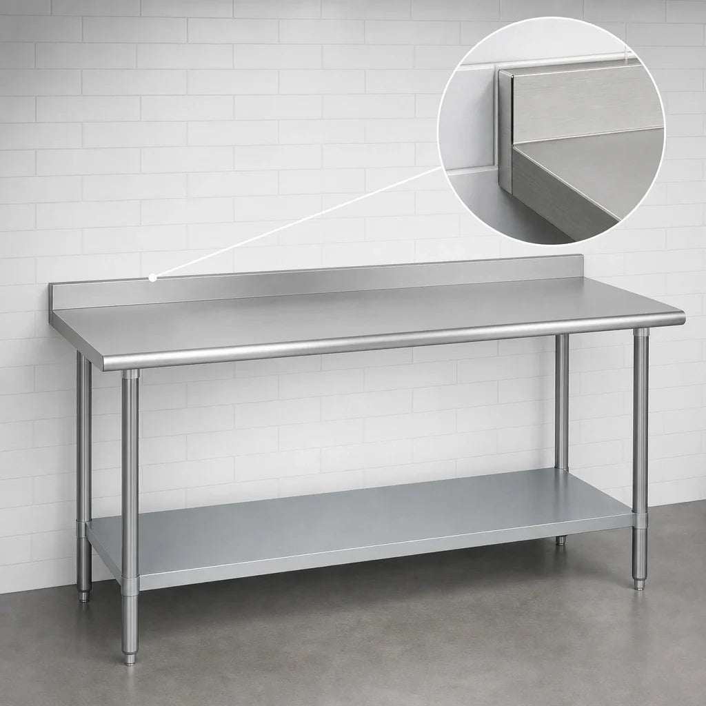 Duke 314-36108-2R 108-Inch 14-Gauge 300-Series Stainless Steel Work Table with Straight Riser and Galvanized Undershelf