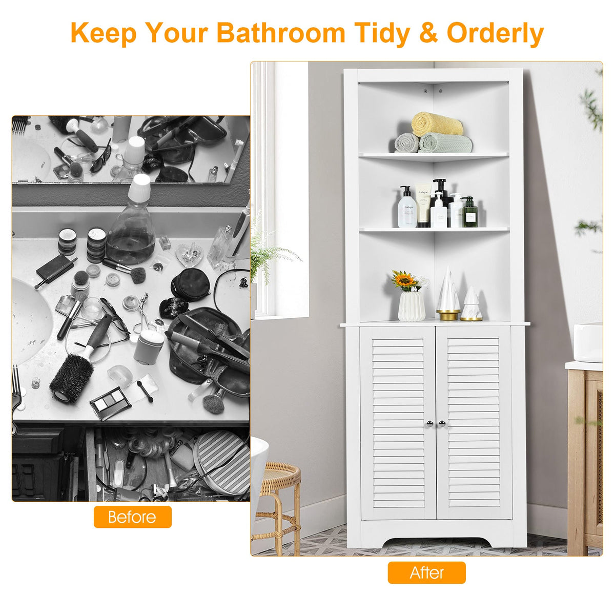 Free Standing Tall Bathroom Corner Storage Cabinet with 3 Shelves