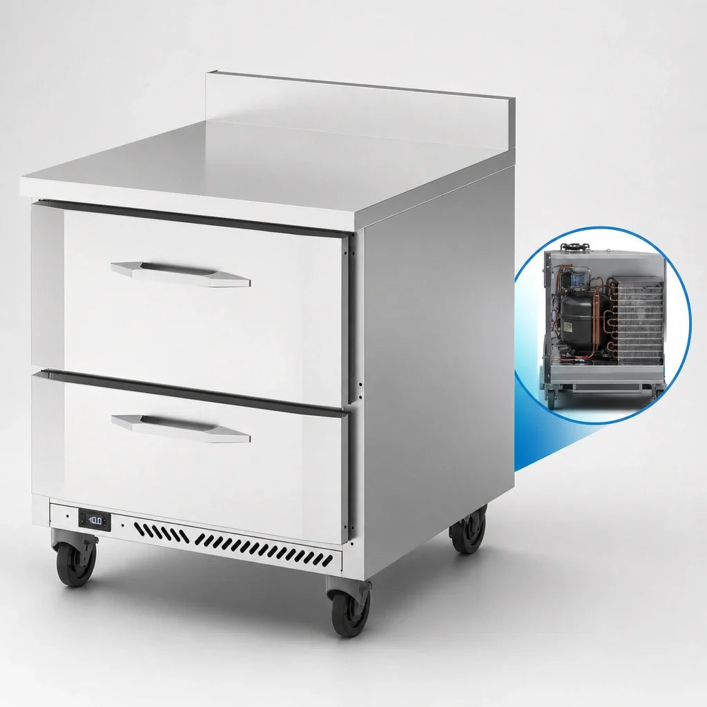 Victory Refrigeration VWFD32HC-2 32-Inch Stainless Steel Worktop Freezer with 2 Drawers, 7.22 Cu. Ft., Rear-Mounted Self-Contained Refrigeration