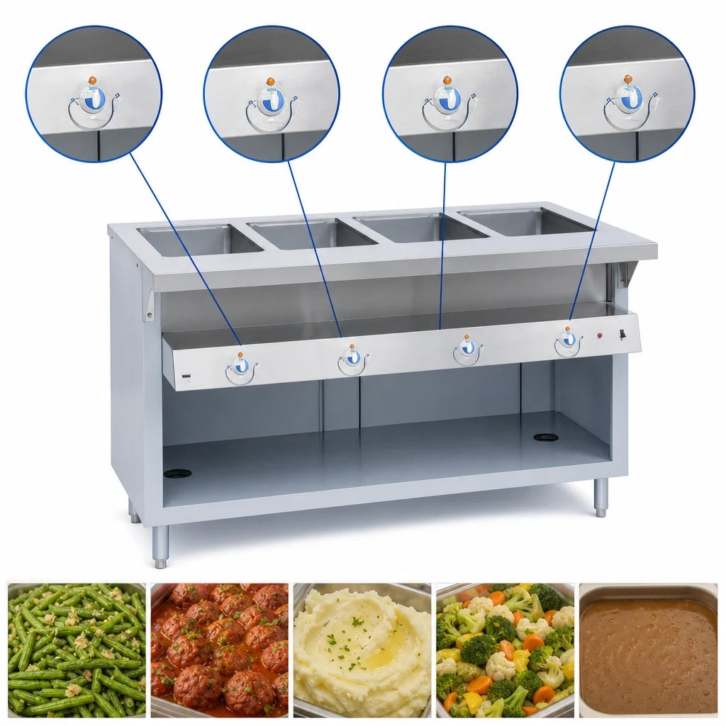 Duke Thurmaduke E-5-DLPG Electric 5-Well Full-Size Sealed-Well Steamtable with Open Storage Base