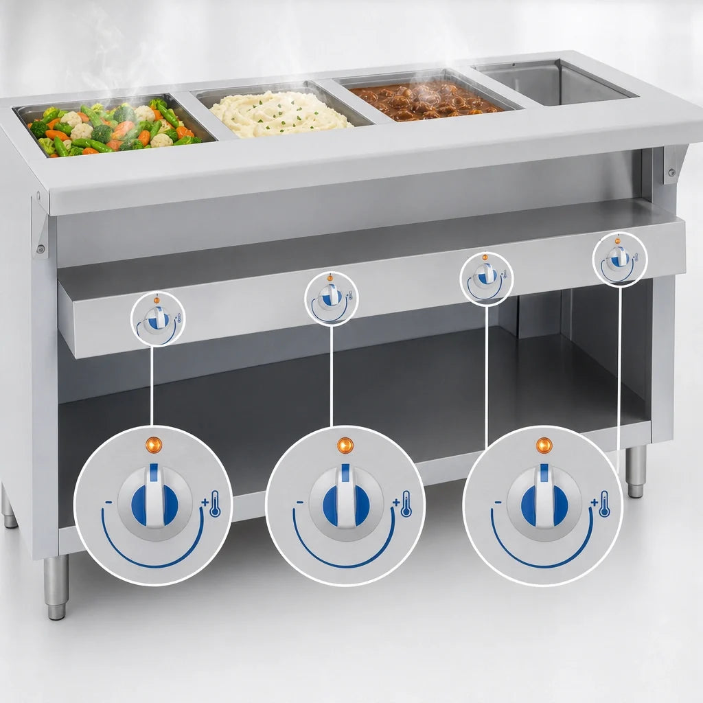 Duke Thurmaduke E-3-DLSS Electric 3-Well Steamtable, Sealed Wells, Stainless Steel, Open Undershelf, Cutting Board