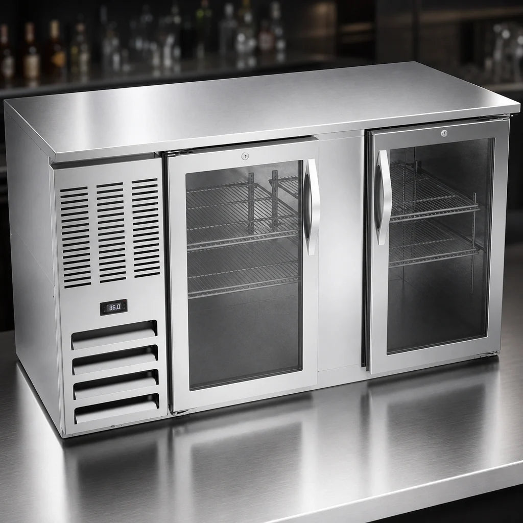 Beverage Air BB58HC-G-S 58-Inch Two-Door Glass Back Bar Refrigerator, Stainless Steel, Self-Contained Left-Mounted Refrigeration