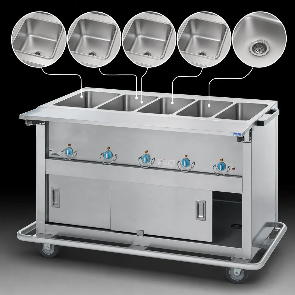 Duke Thurmaduke EP-5-CBSS 74-Inch 5-Well Full-Size Electric Mobile Steamtable with Sealed Wells and Enclosed Base