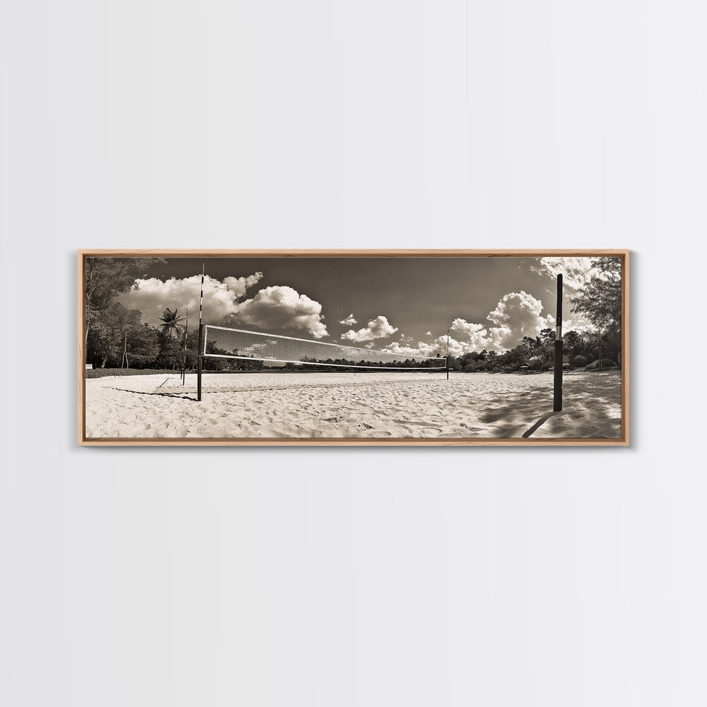 Beach Volleyball, Sand Court, Summer Fun, Tropical Clouds, Framed Canvas Print, Sports Room Wall Art, Coastal Decor, Sepia Beach Art