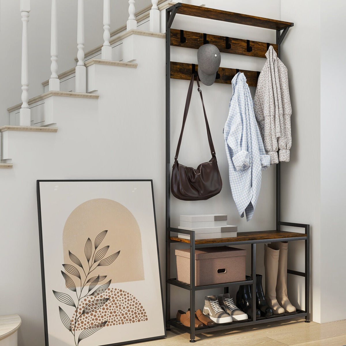 3-In-1 Industrial Coat Rack Stand with 9 Hooks Shoe Bench