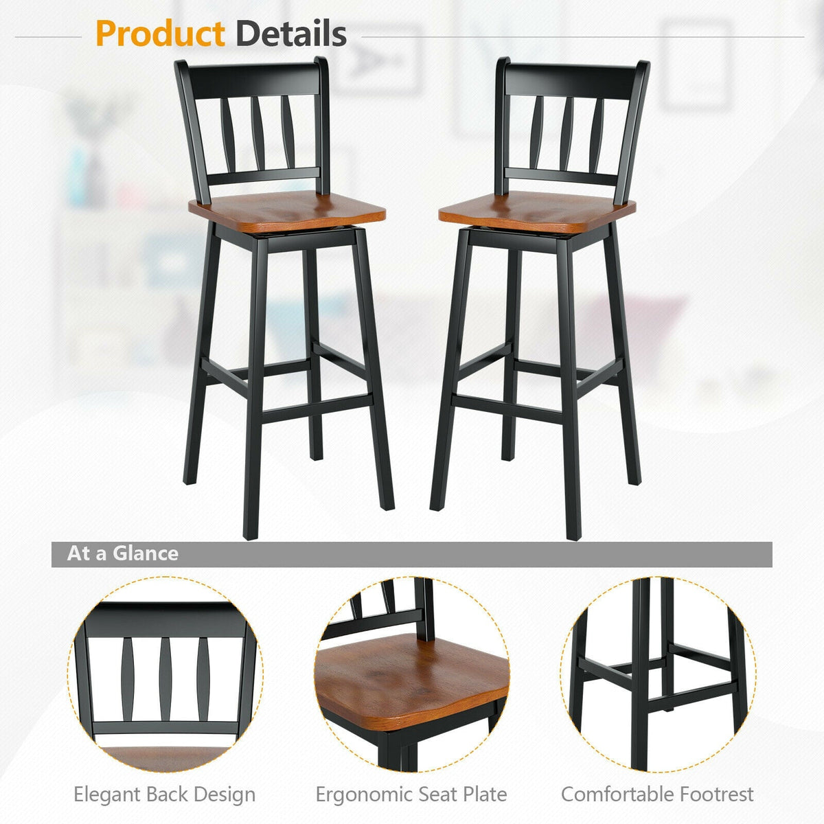30.5 Inches Set of 2 Swivel Bar Stools with 360¬∞ Swiveling