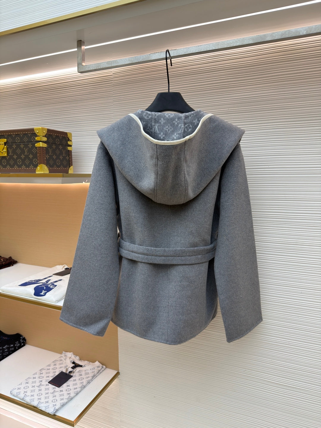 LV Wool Belt Wrap-Up Hooded Mid length Coat Reversible Women's