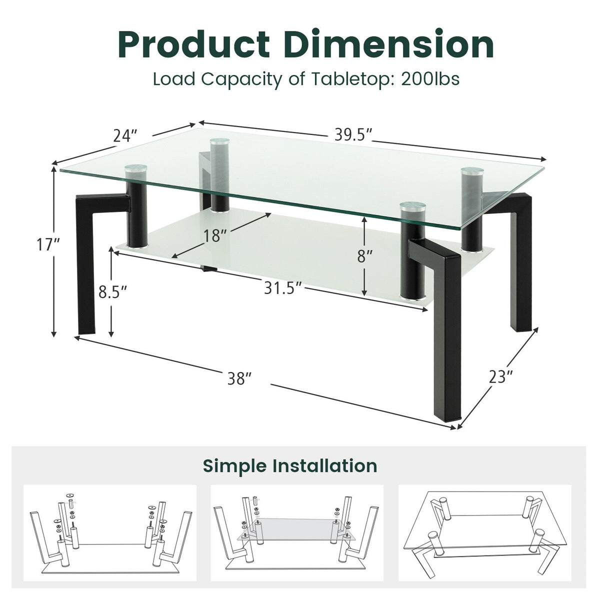 2-Tier Rectangular Glass Coffee Table with Metal Tube Legs-Black
