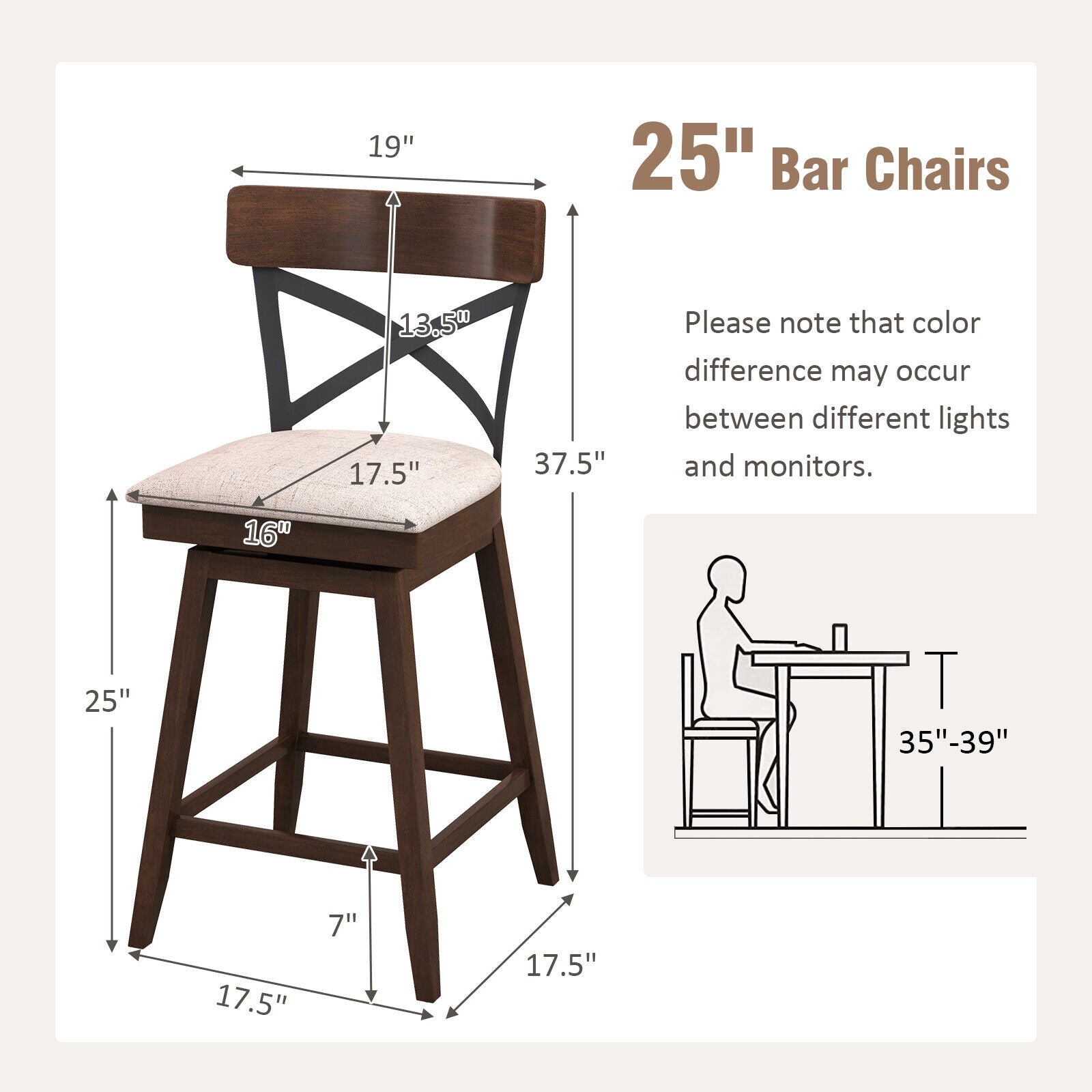 Set of 2 Wooden Swivel Bar Stools with Cushioned Seat and Open X Back