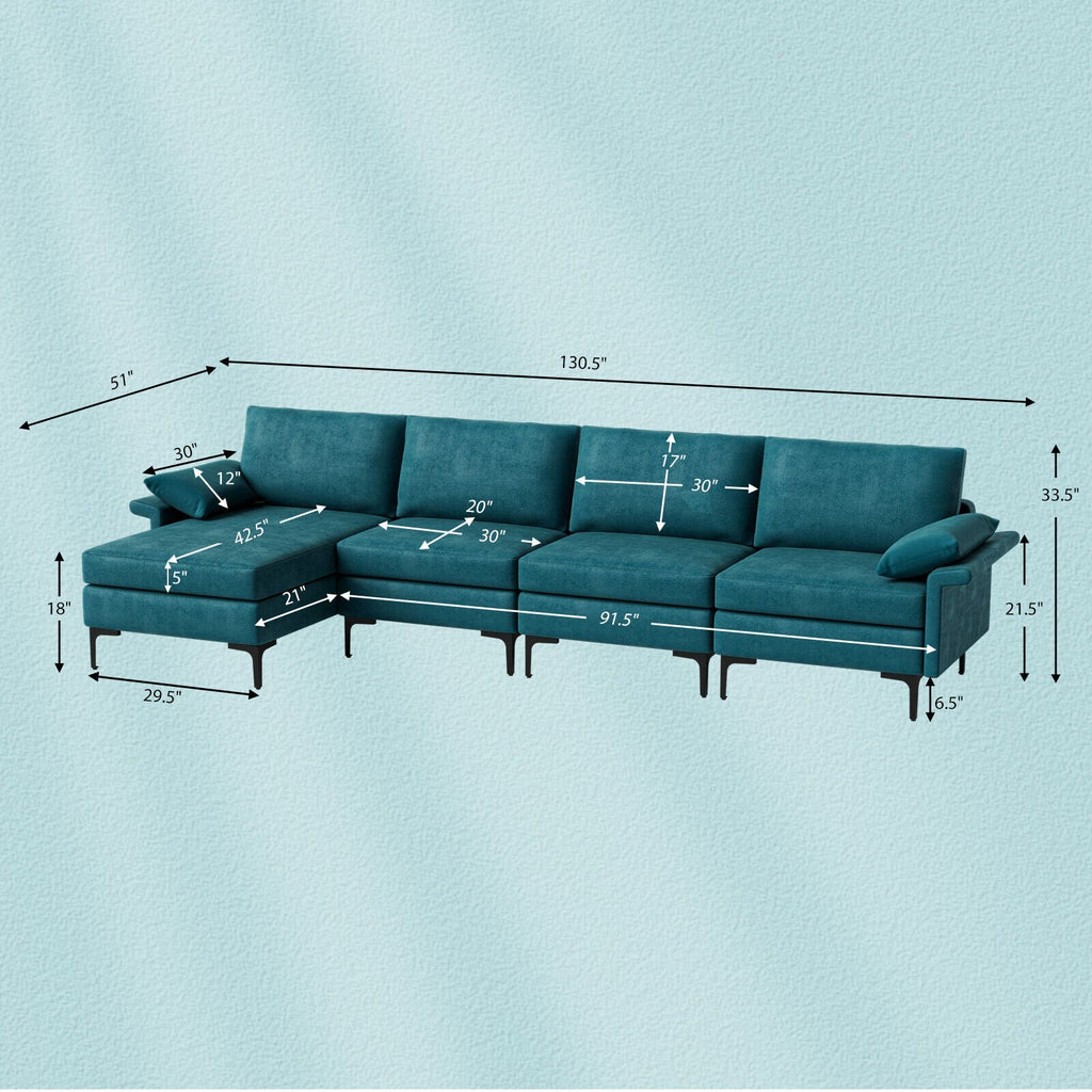 Extra Large L-shaped Sectional Sofa with Reversible Chaise and 2 USB Ports for 4-5 People