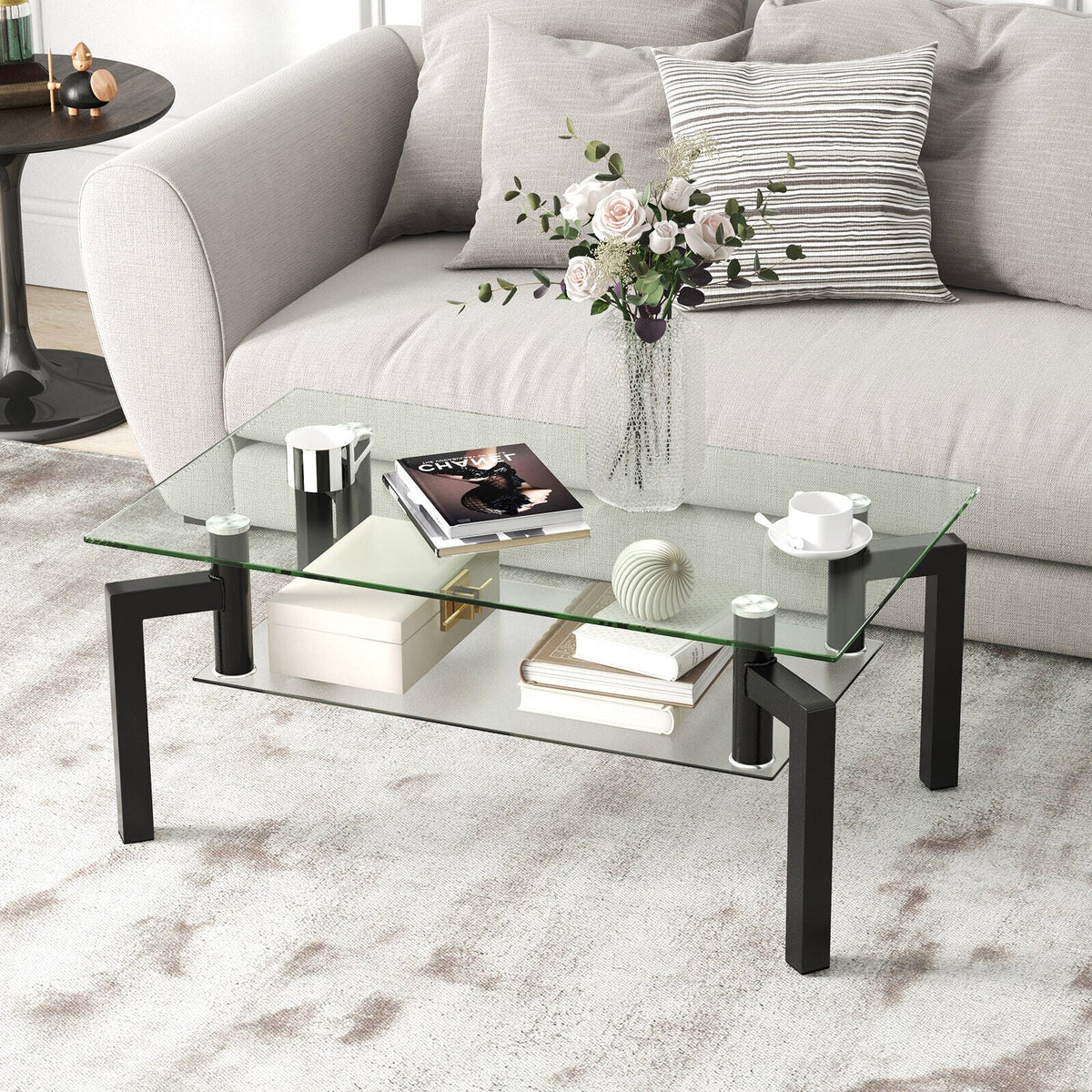 2-Tier Rectangular Glass Coffee Table with Metal Tube Legs-Black