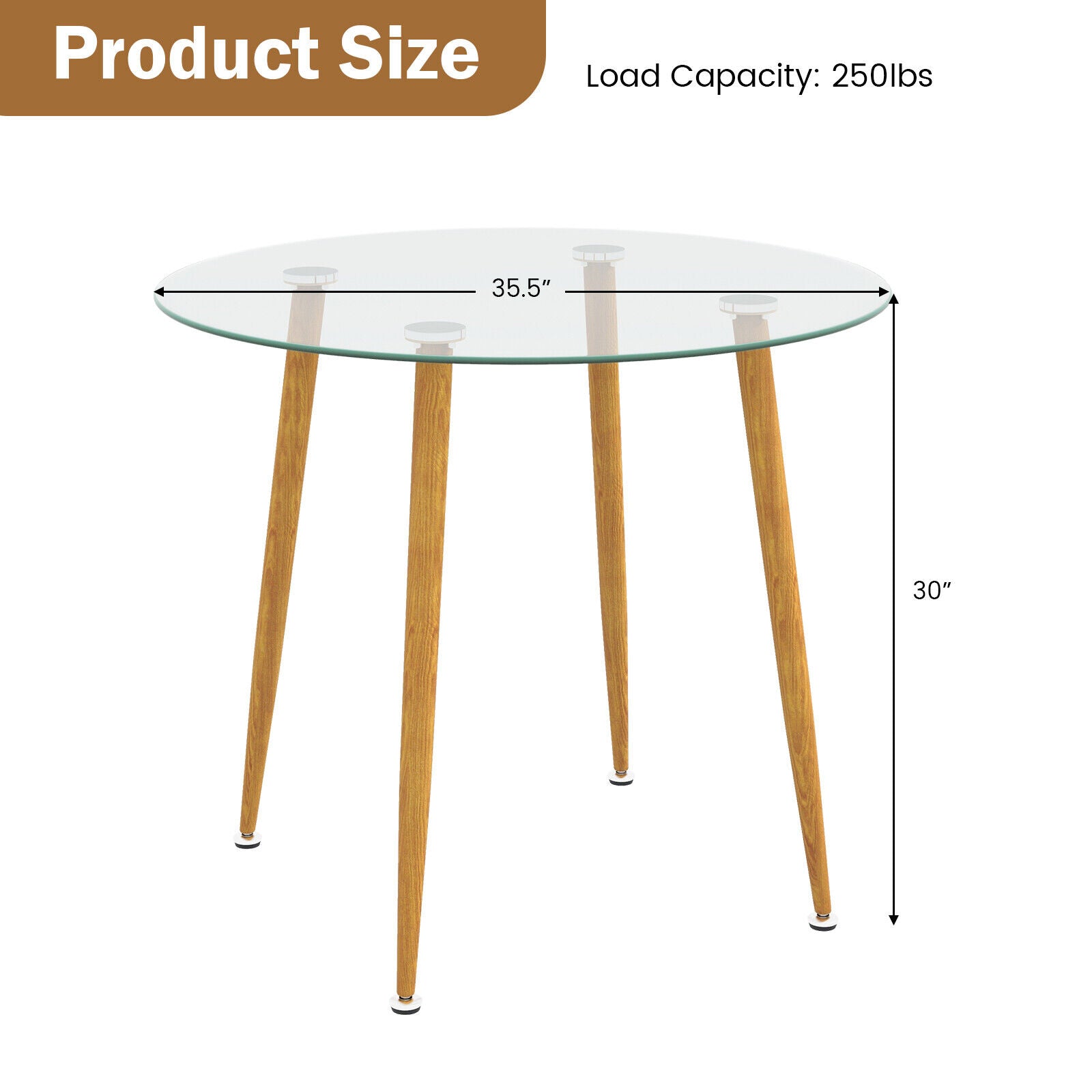 Round Glass Dining Table Leisure Coffee Table with Metal Legs-Natural