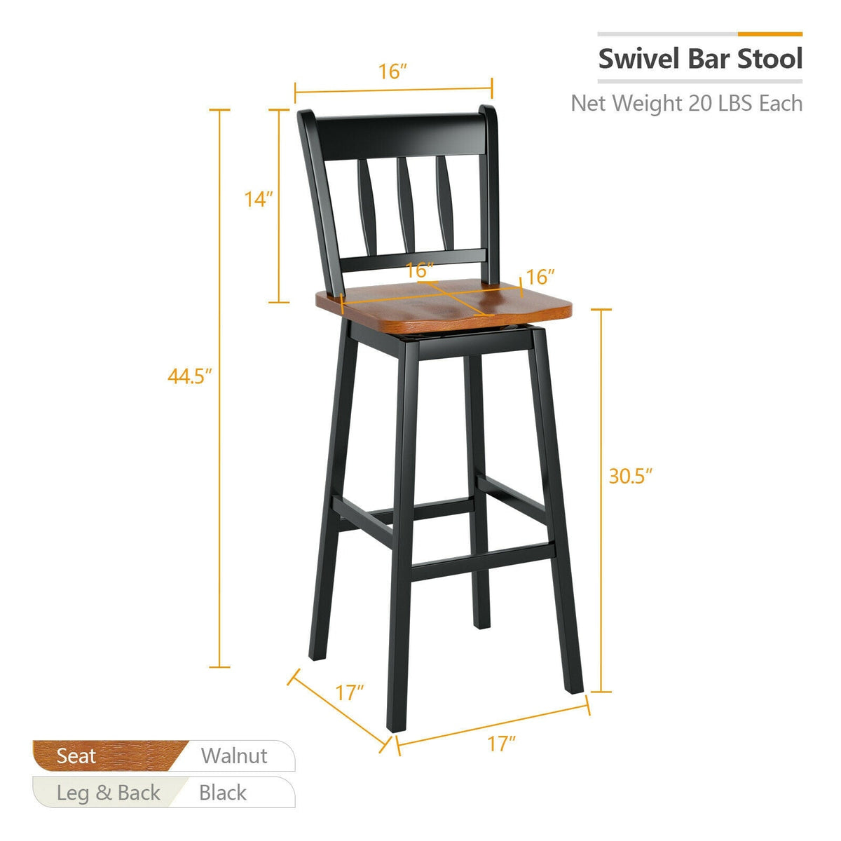 30.5 Inches Set of 2 Swivel Bar Stools with 360¬∞ Swiveling