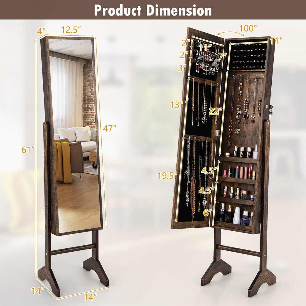 Free-Standing Jewelry Cabinet with Full-Length Mirror and Lockable Door