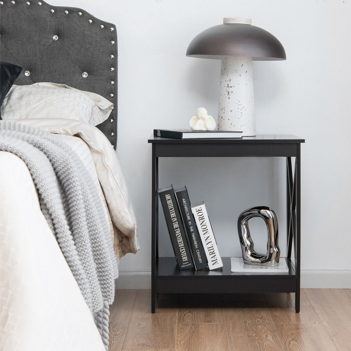 2-Tier Side Table with X-shape Design and 4 Solid Legs
