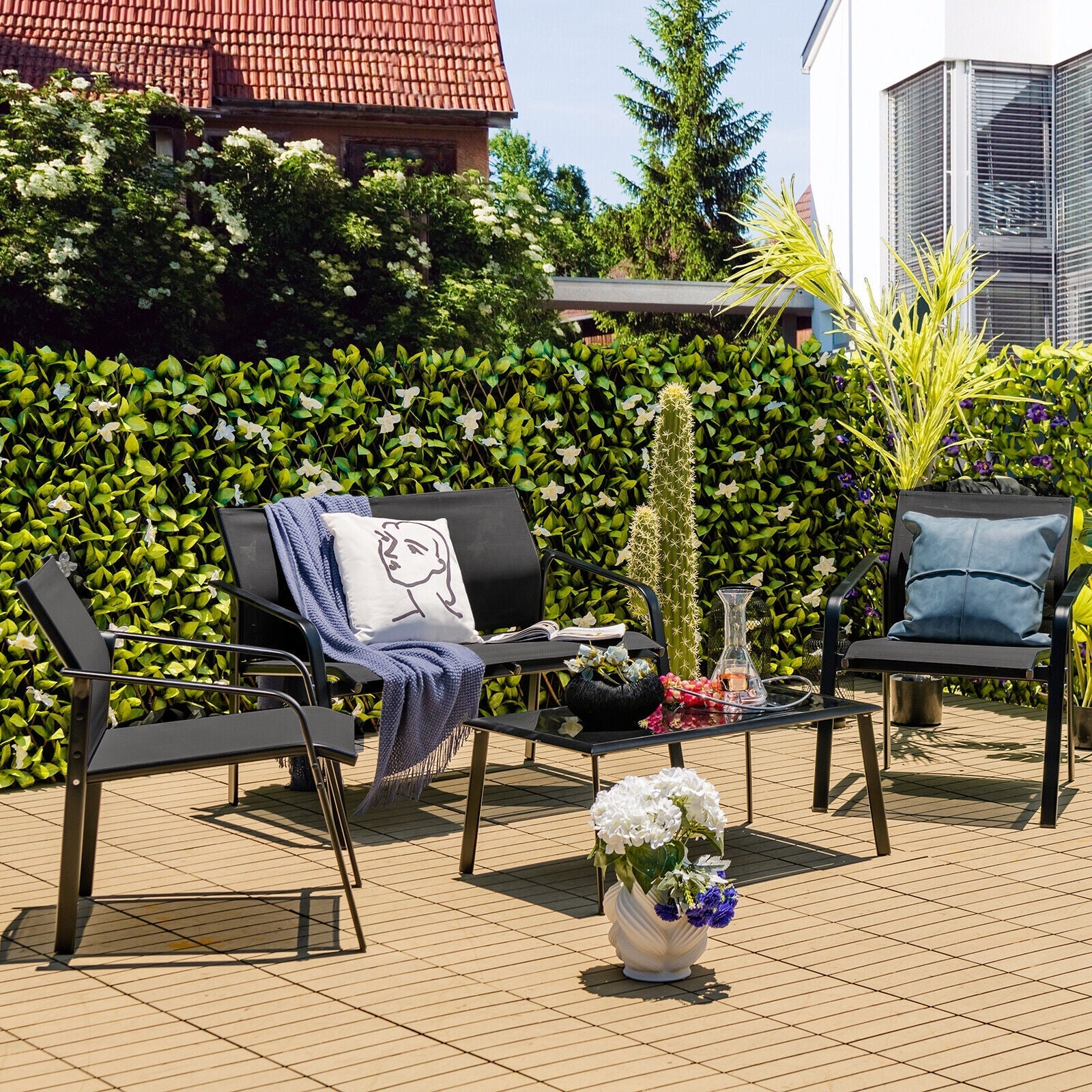 4 Pieces Patio Furniture Set with Armrest Loveseat Sofas and Glass Table Deck