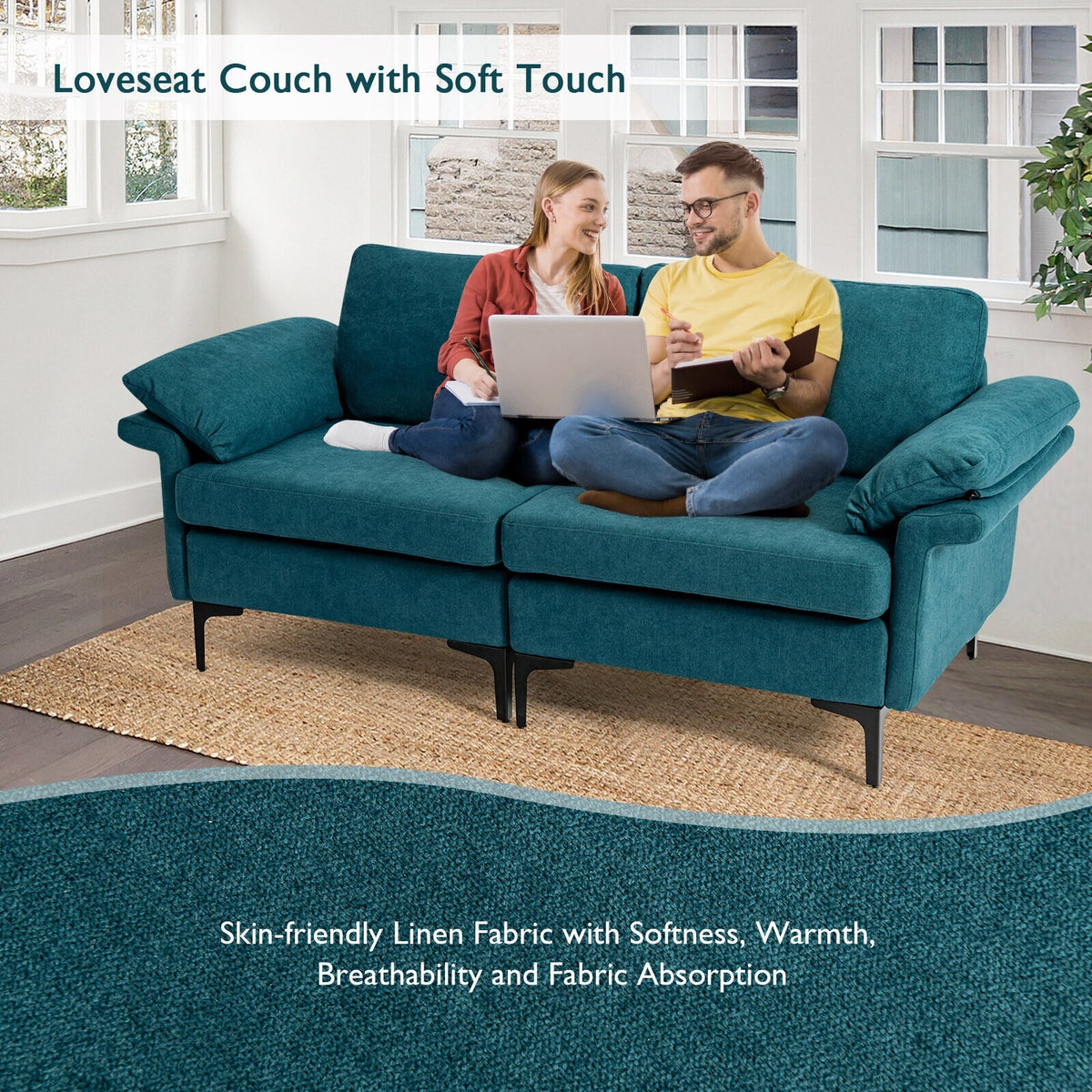 Modern Fabric Loveseat Sofa for with Metal Legs and Armrest Pillows