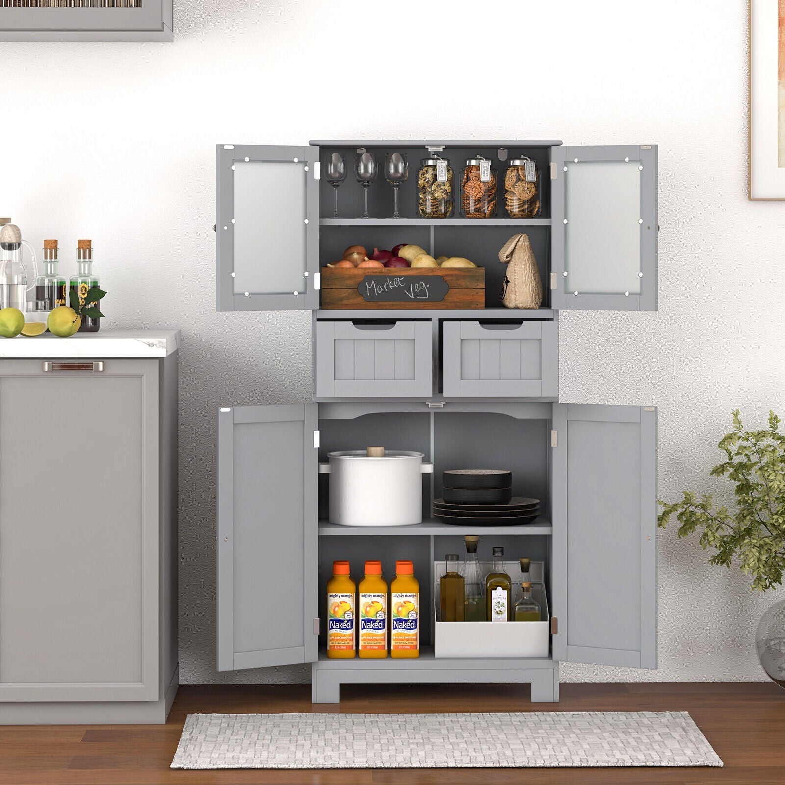 3 Tier Freee-Standing Bathroom Cabinet with 2 Drawers and Glass Doors
