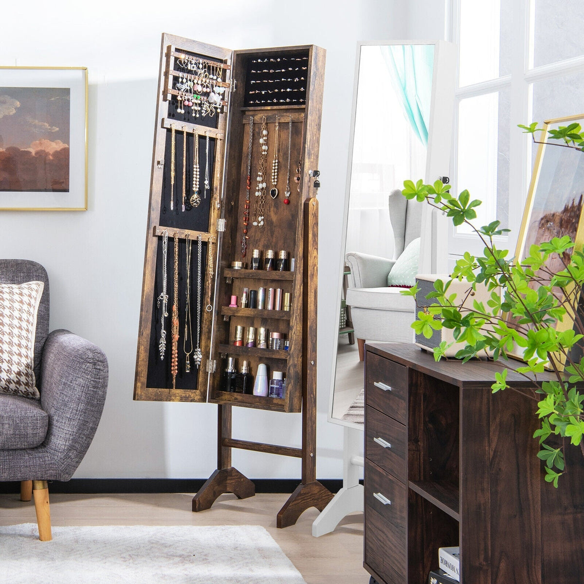 Free-Standing Jewelry Cabinet with Full-Length Mirror and Lockable Door