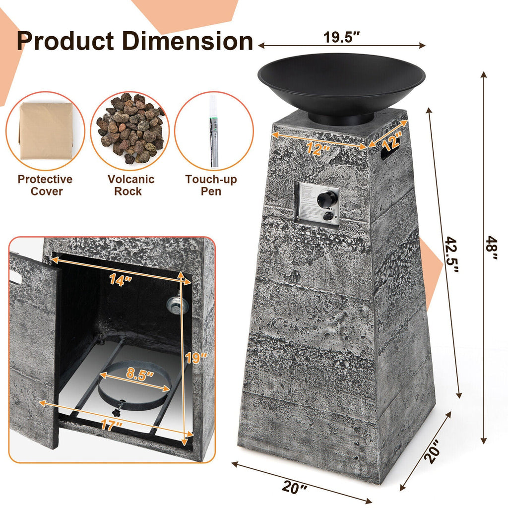 48 Inch Propane Fire Bowl Column with Lava Rocks and PVC Cover-Gray