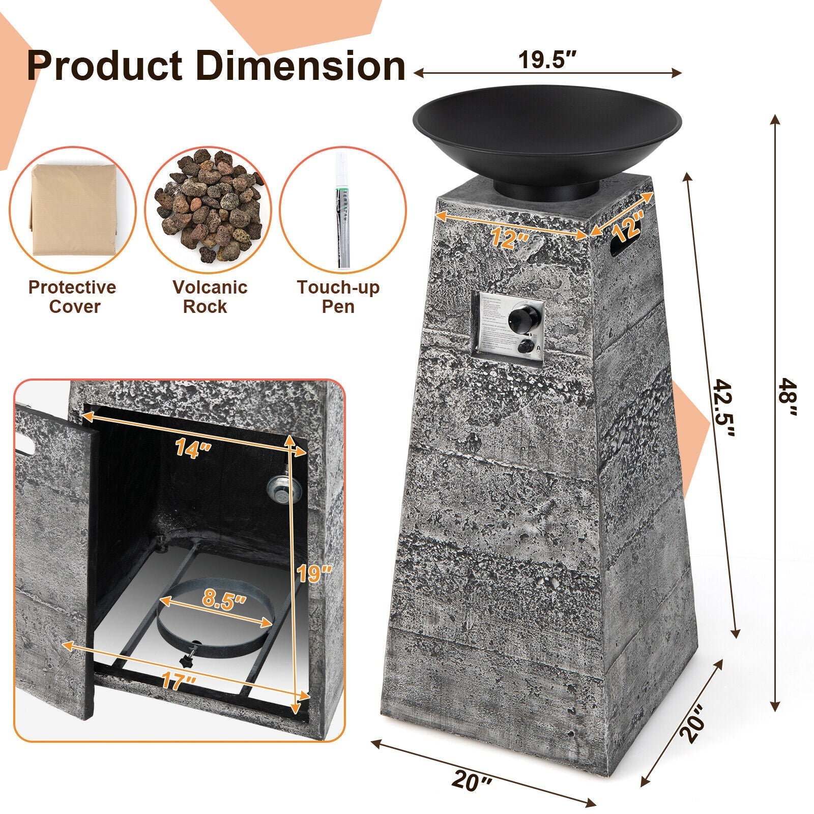 48 Inch Propane Fire Bowl Column with Lava Rocks and PVC Cover-Gray