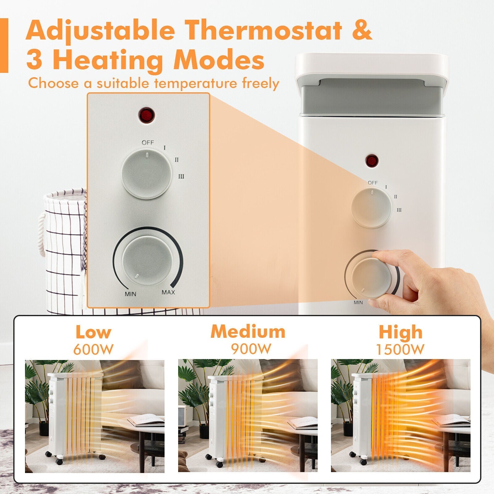 1500W Portable Oil Filled Radiator Heater with 3 Heat Settings