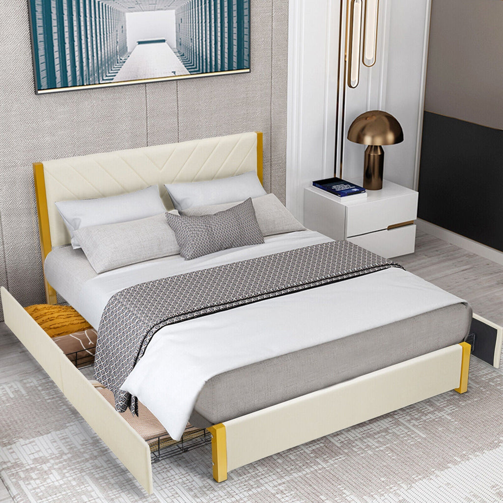 Full Size/Queen Size Upholstered Bed Frame with Adjustable Headboard and 4 Drawers