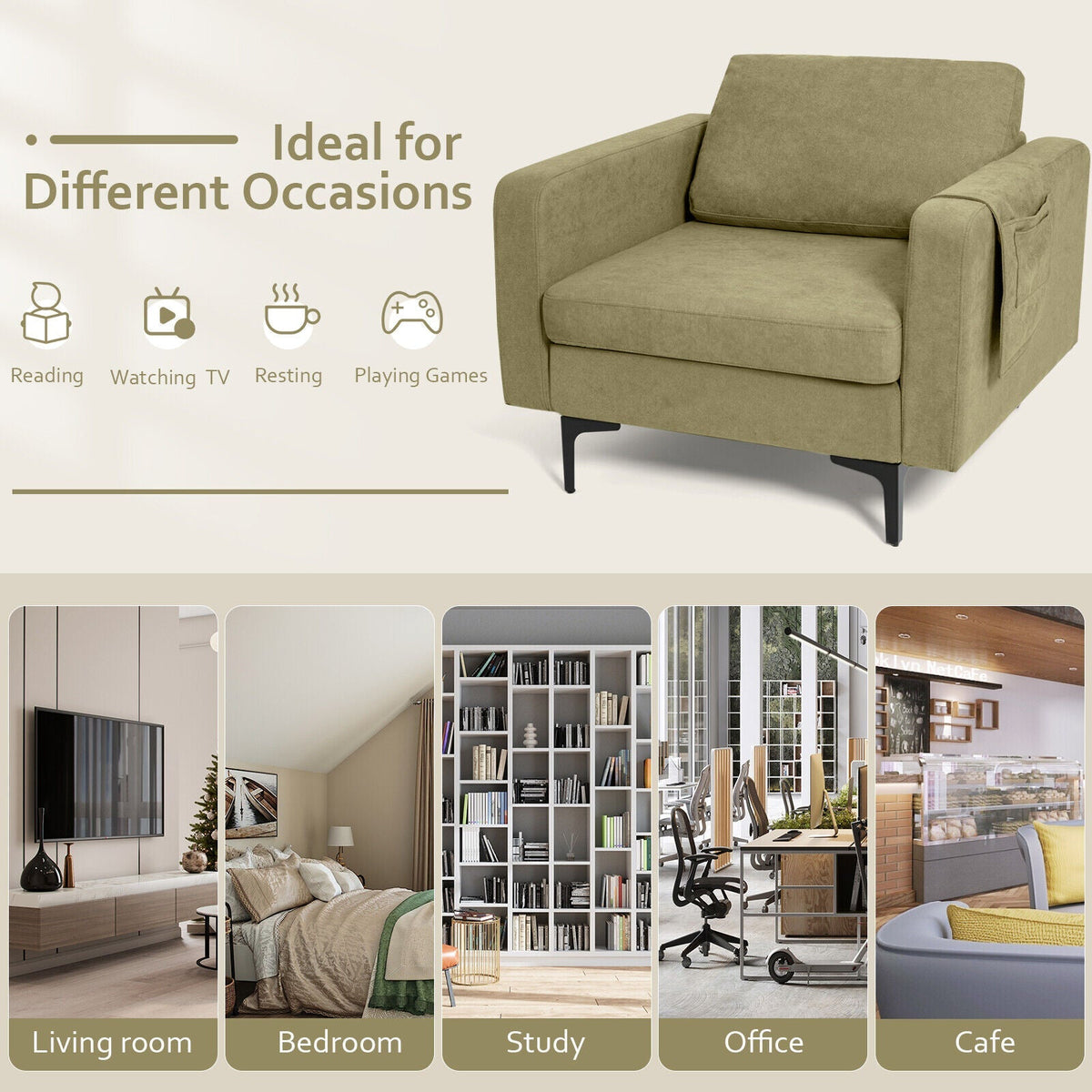 Modern Accent Armchair with Side Storage Pocket