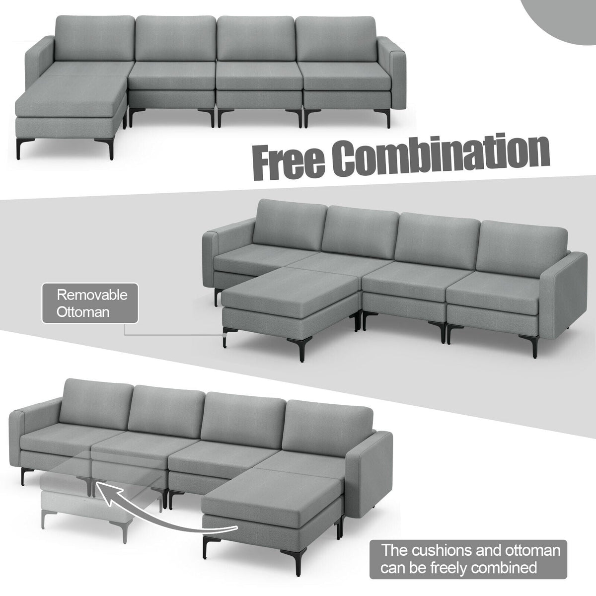 Modular L-shaped Sectional Sofa with Reversible Ottoman and 2 USB Ports