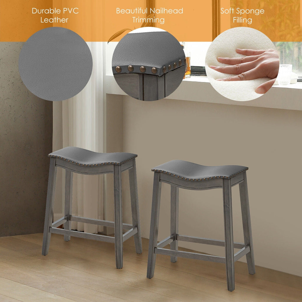 Set of 2 PU Leather Saddle Bar Stools with Rubber Wood Legs
