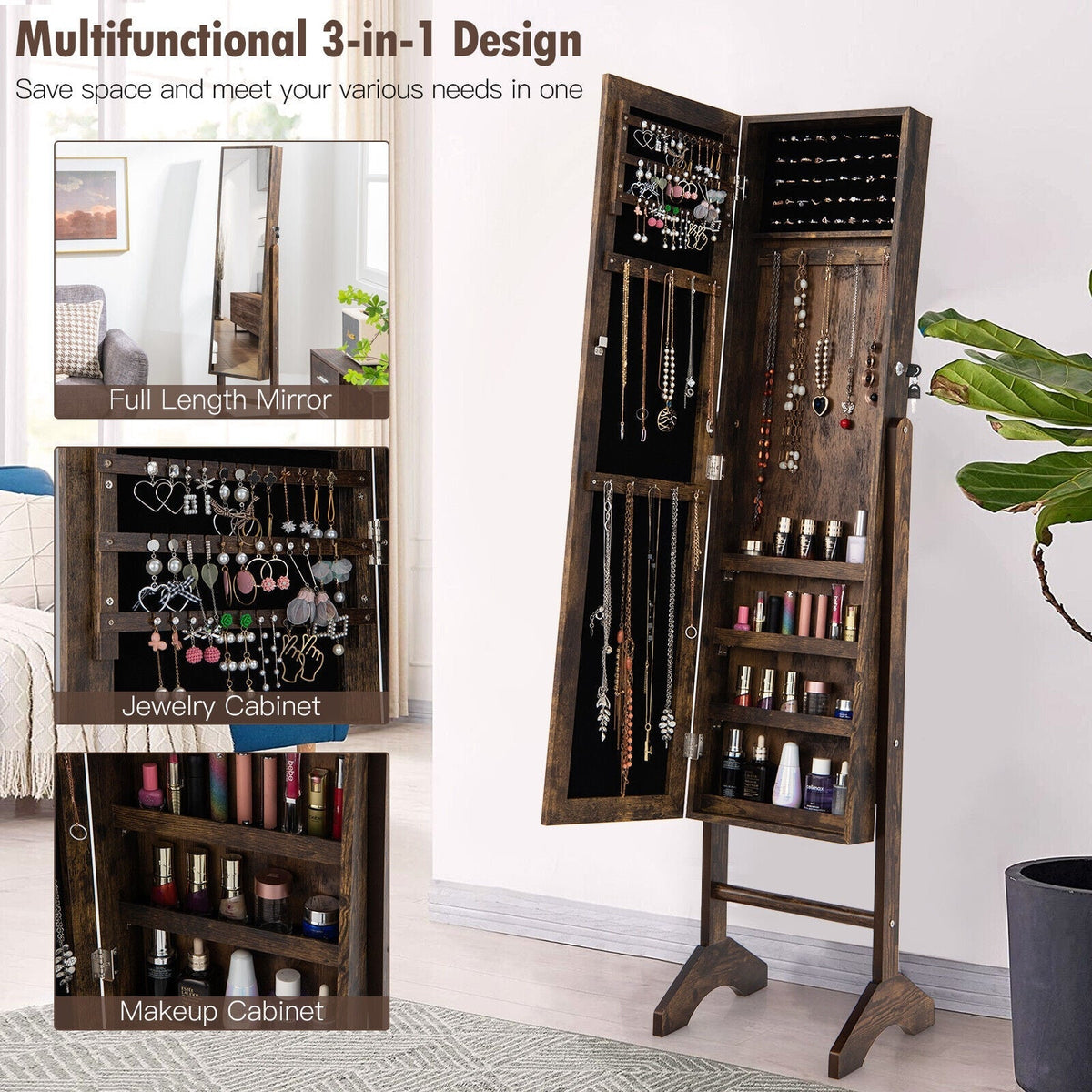 Free-Standing Jewelry Cabinet with Full-Length Mirror and Lockable Door