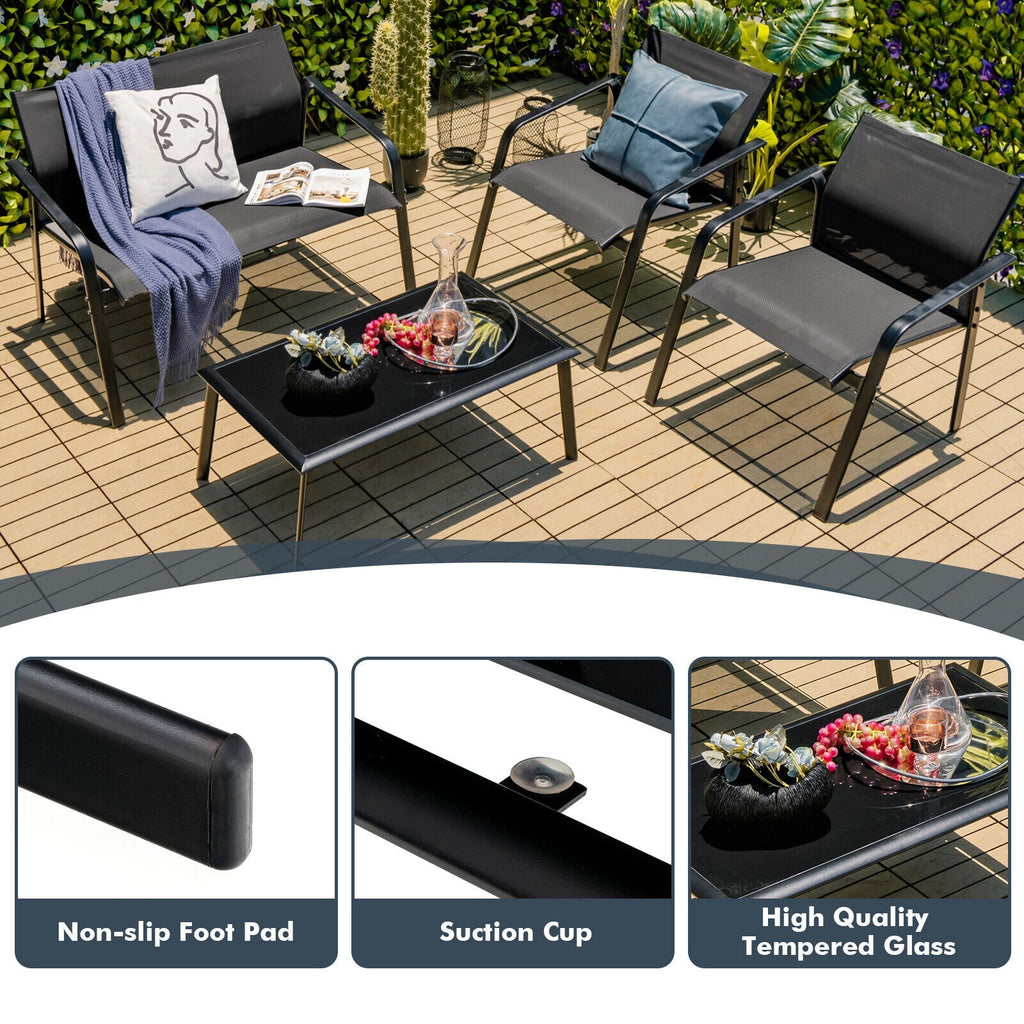 4 Pieces Patio Furniture Set with Armrest Loveseat Sofas and Glass Table Deck