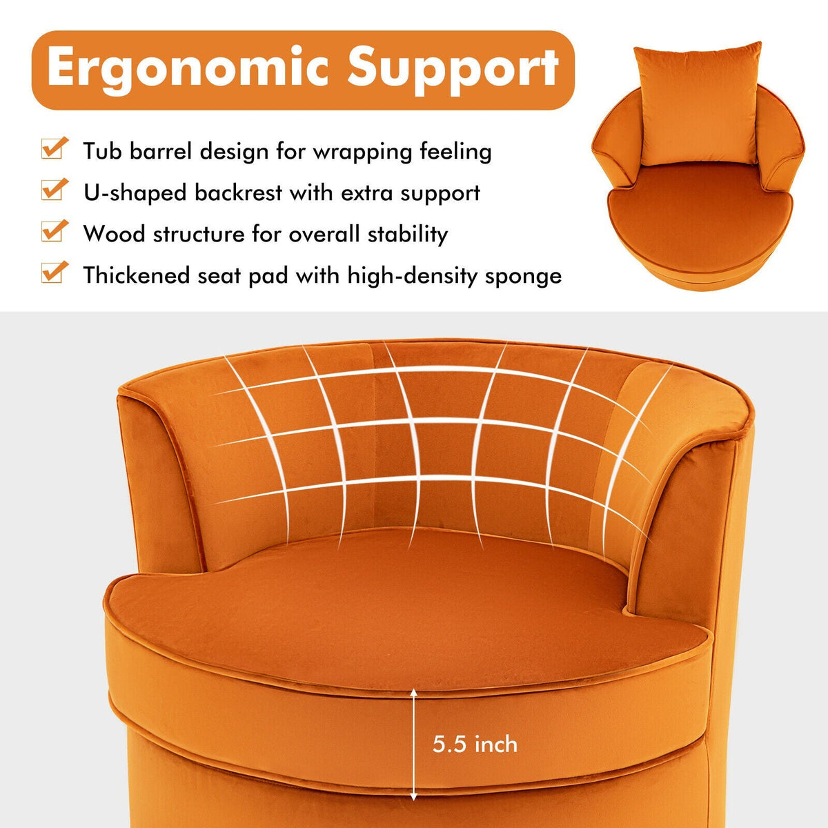Modern 360¬∞ Swivel Barrel Chair with No Assembly Needed-Orange