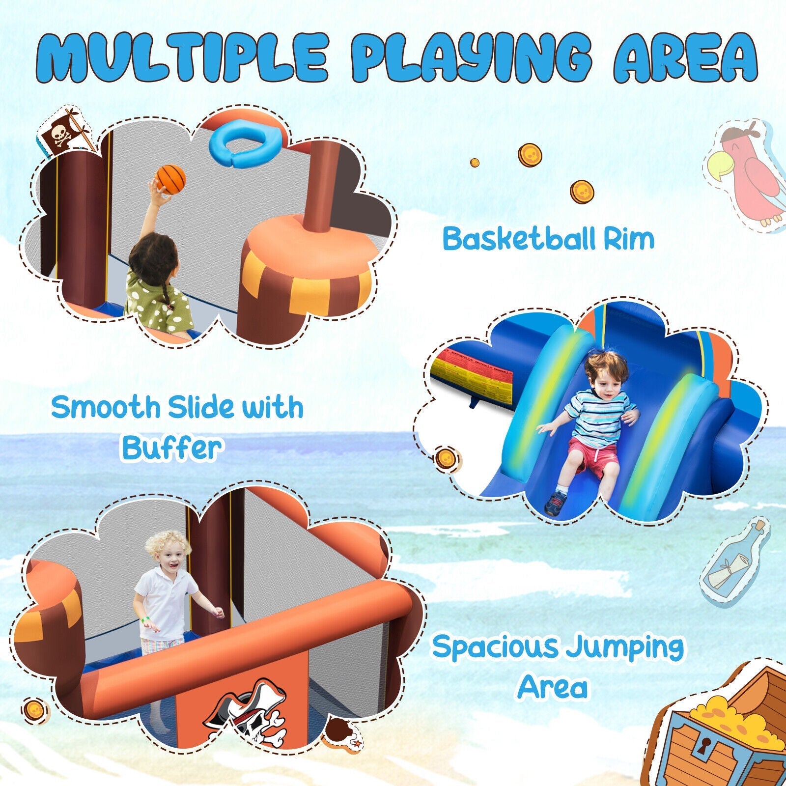 Pirate-Themed Inflatable Bounce Castle with Large Jumping Area and 735W Blower
