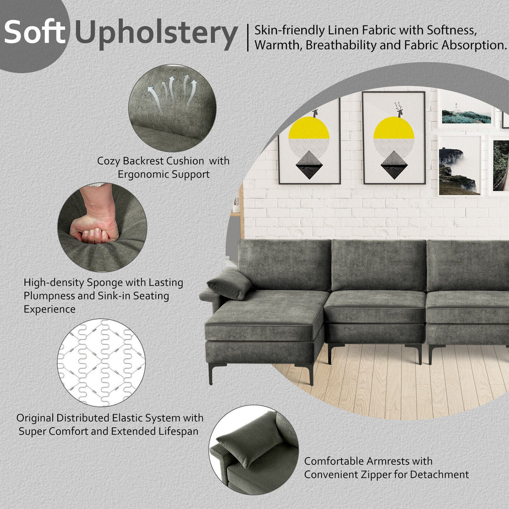 Extra Large L-shaped Sectional Sofa with Reversible Chaise and 2 USB Ports for 4-5 People