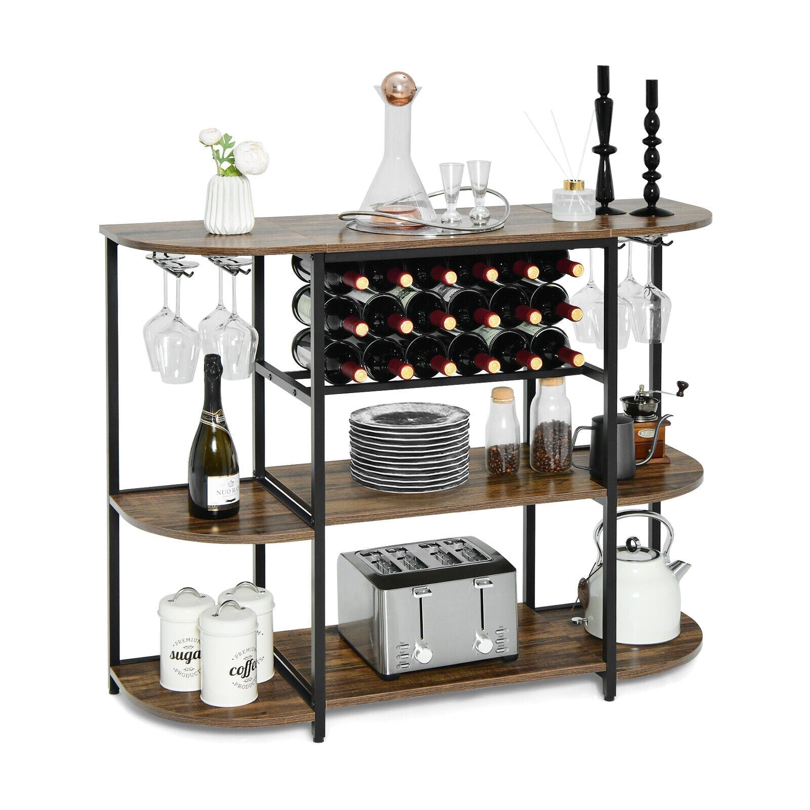 47 Inches Wine Rack Table with Glass Holder and Storage Shelves