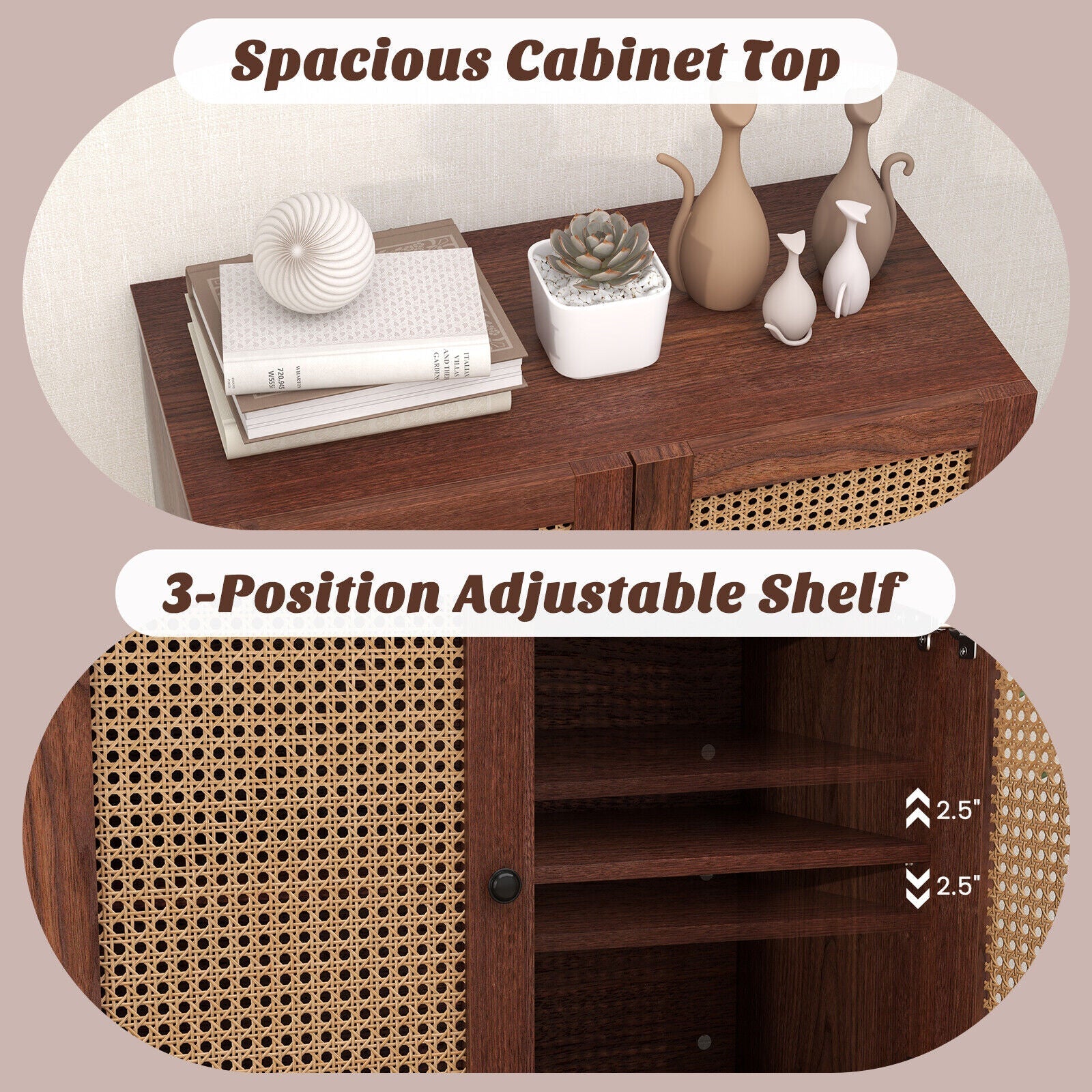 Kitchen Sideboard with 2 Rattan Doors and Adjustable Shelf