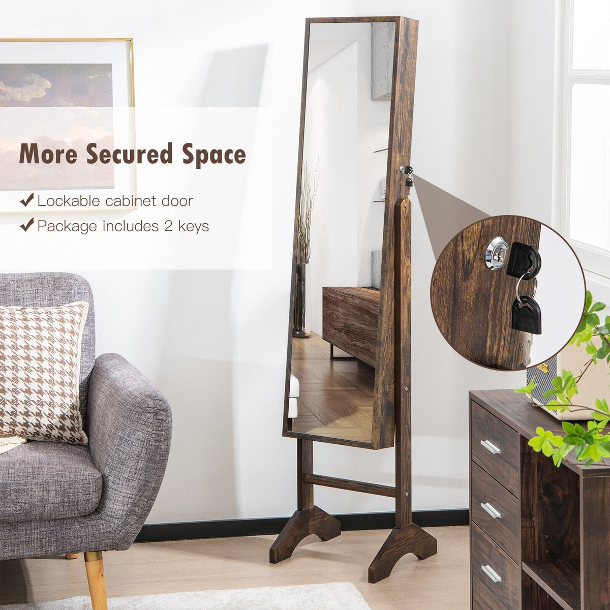 Free-Standing Jewelry Cabinet with Full-Length Mirror and Lockable Door