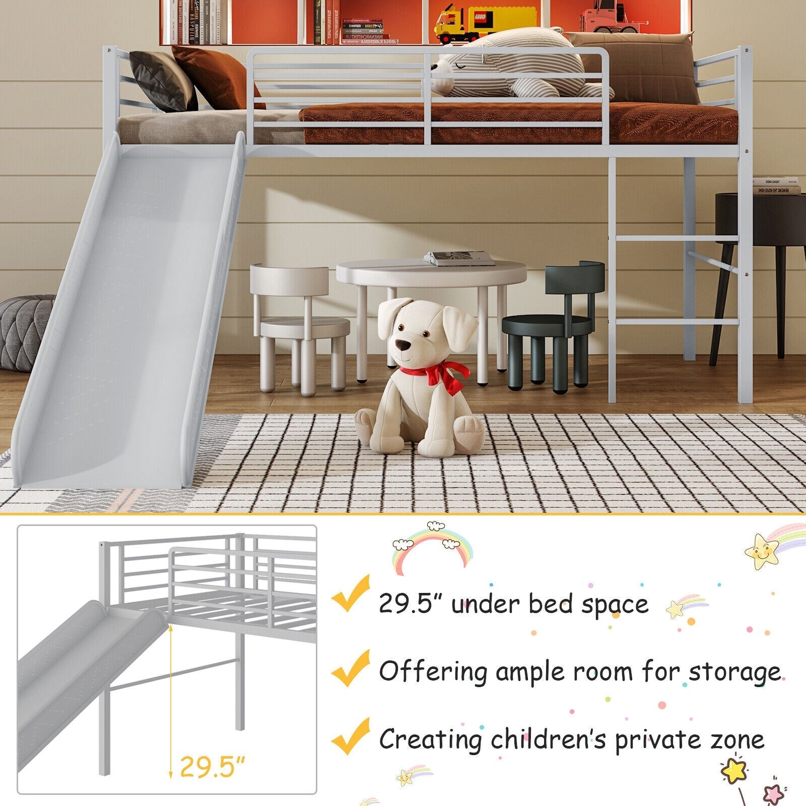 Twin Metal Loft Bed with Slide Safety Guardrails and Built-in Ladder