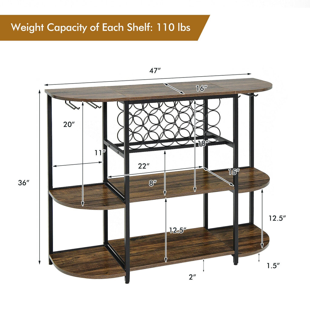 47 Inches Wine Rack Table with Glass Holder and Storage Shelves