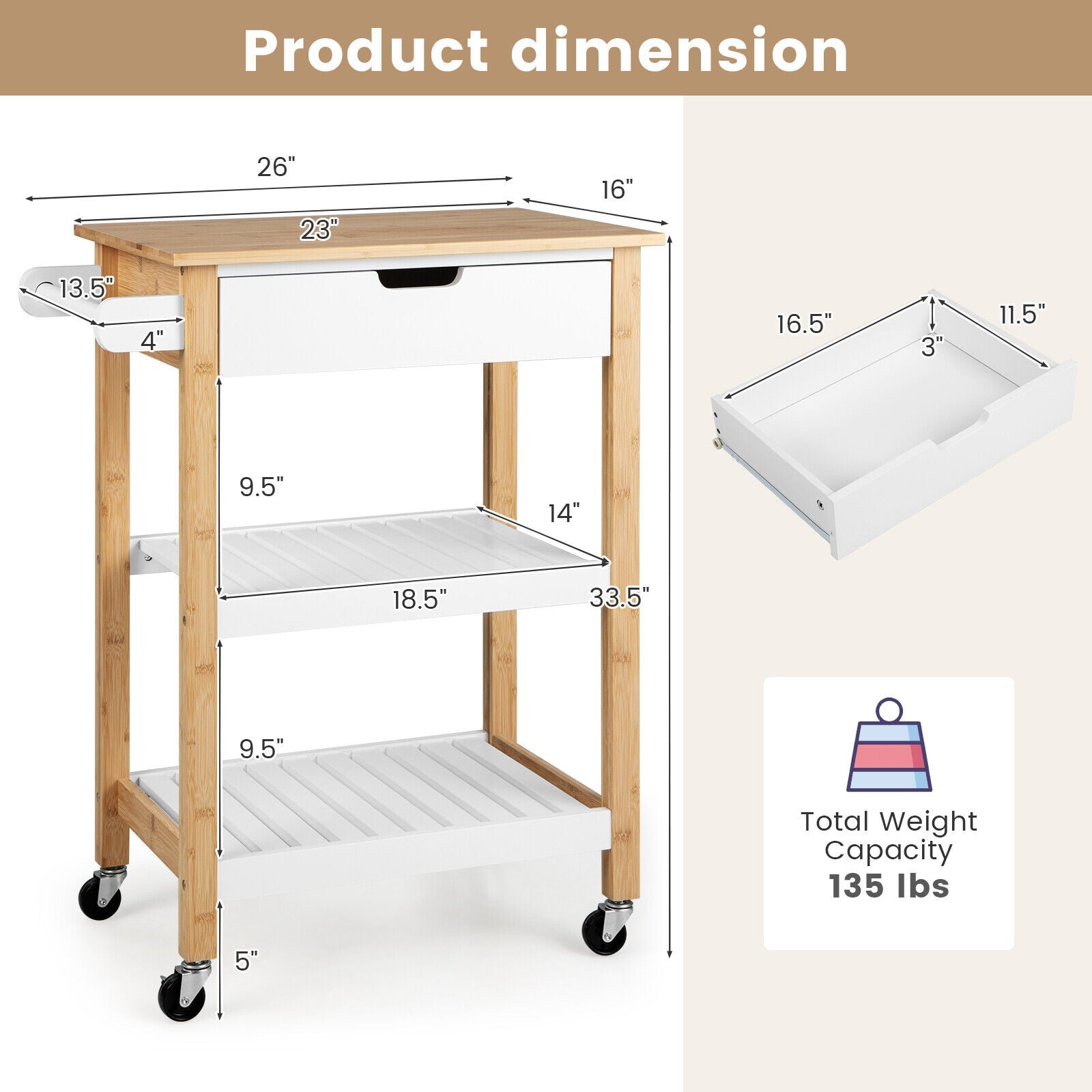 3-Tier Kitchen Island Cart Rolling Service Trolley with Bamboo Top