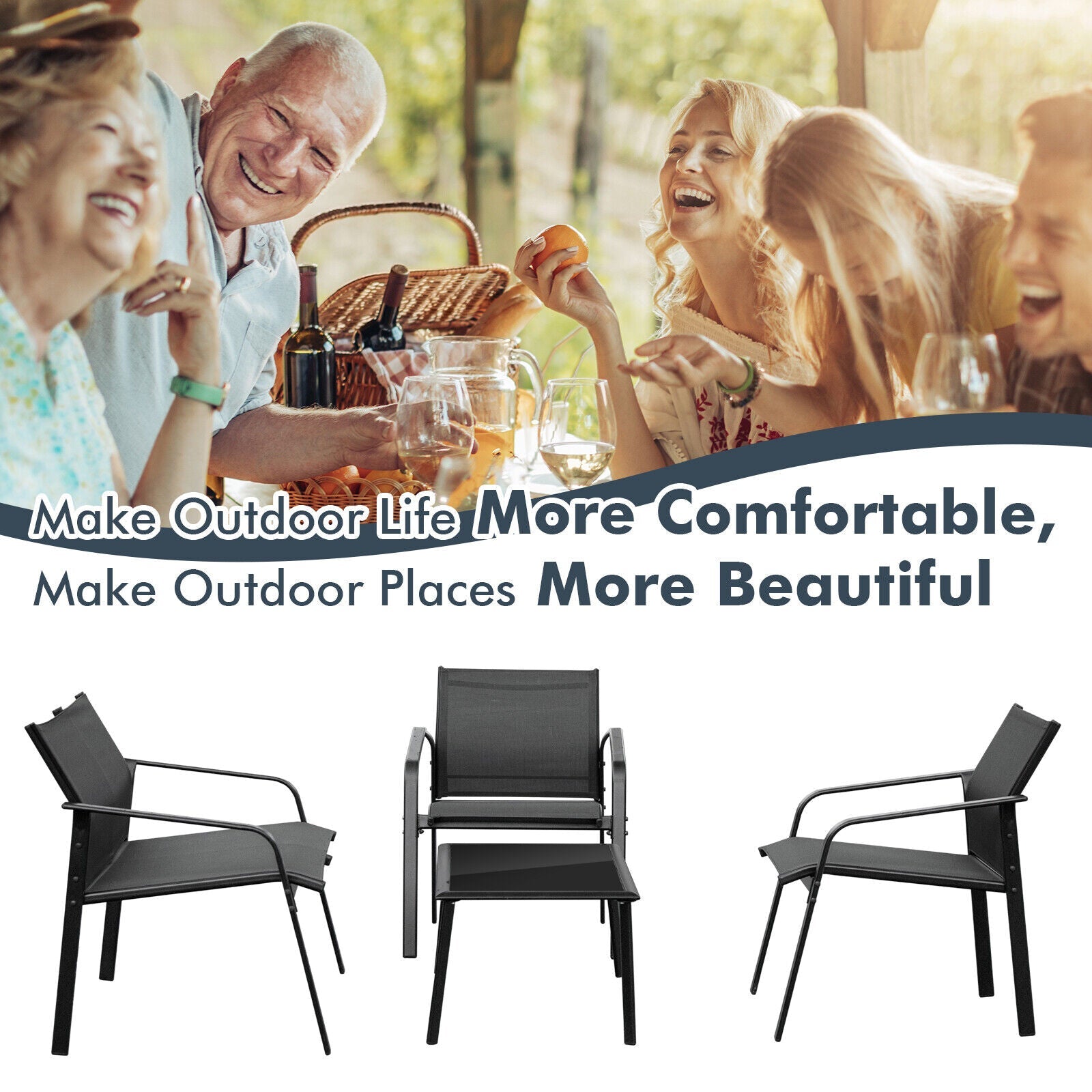 4 Pieces Patio Furniture Set with Armrest Loveseat Sofas and Glass Table Deck