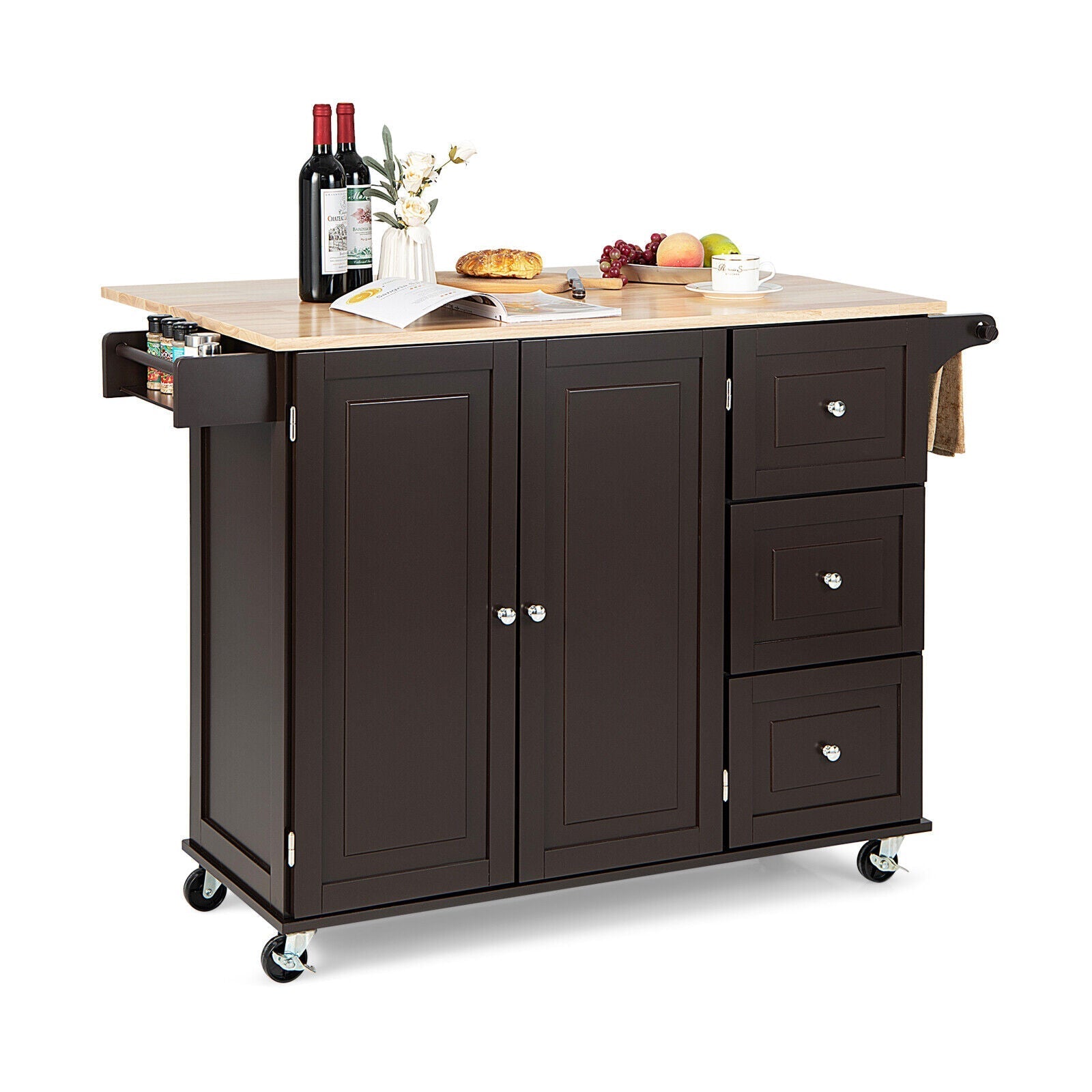 Kitchen Island Trolley Cart Wood with Drop-Leaf Tabletop and Storage Cabinet
