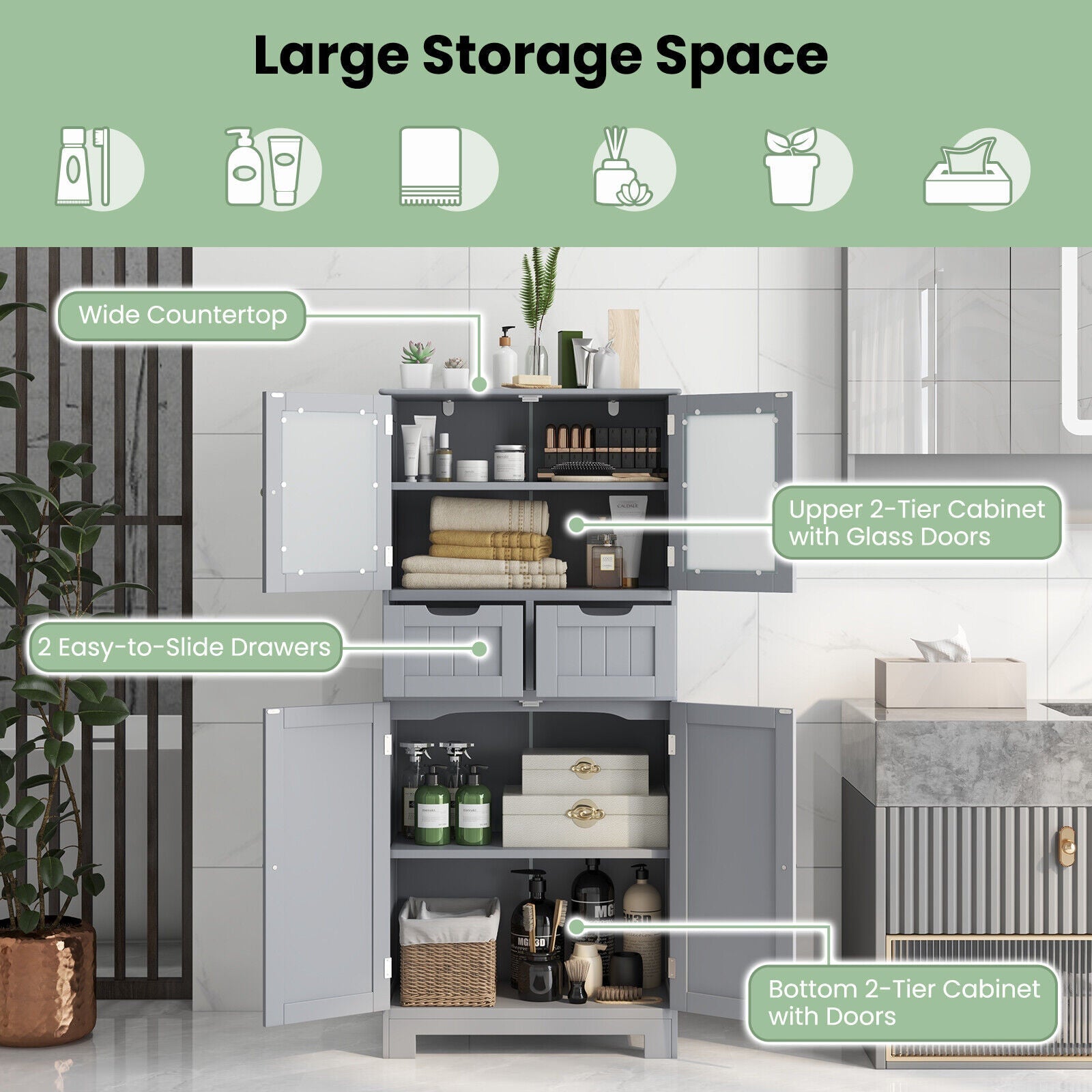 3 Tier Freee-Standing Bathroom Cabinet with 2 Drawers and Glass Doors