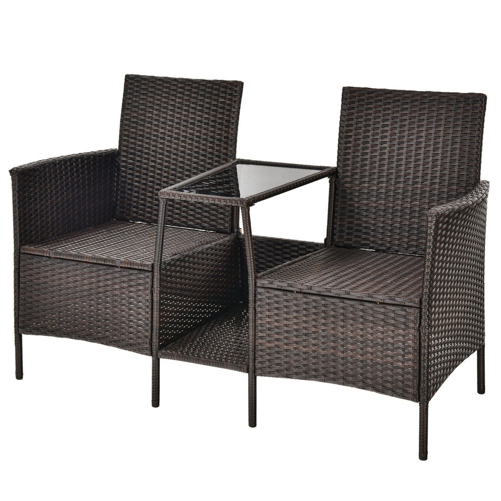 Patio Rattan Wicker Conversation Set Sofa Cushioned Loveseat Glass Table